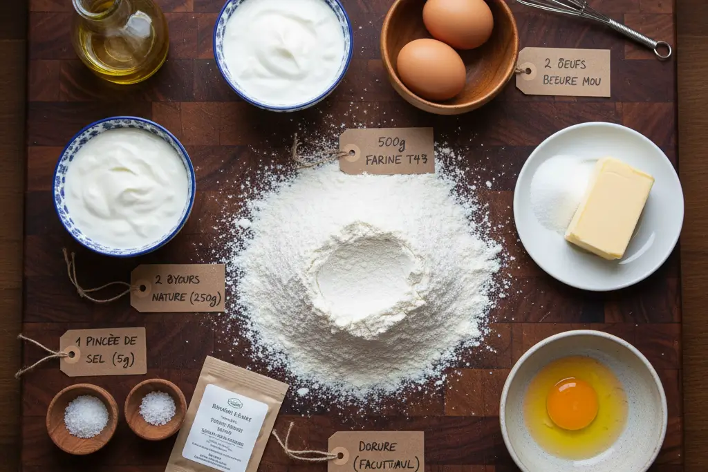 Ingrédients pour pain brioché au yaourt maison Vue de dessus d'une planche en bois avec 500g de farine, deux yaourts, des œufs, du beurre, du sucre, du sel et un sachet de levure.