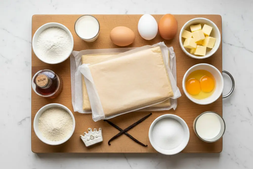Vue de dessus d'ingrédients de pâtisserie disposés sur un plan de travail : beurre mou, œufs, poudre d'amandes, sucre et rhum.