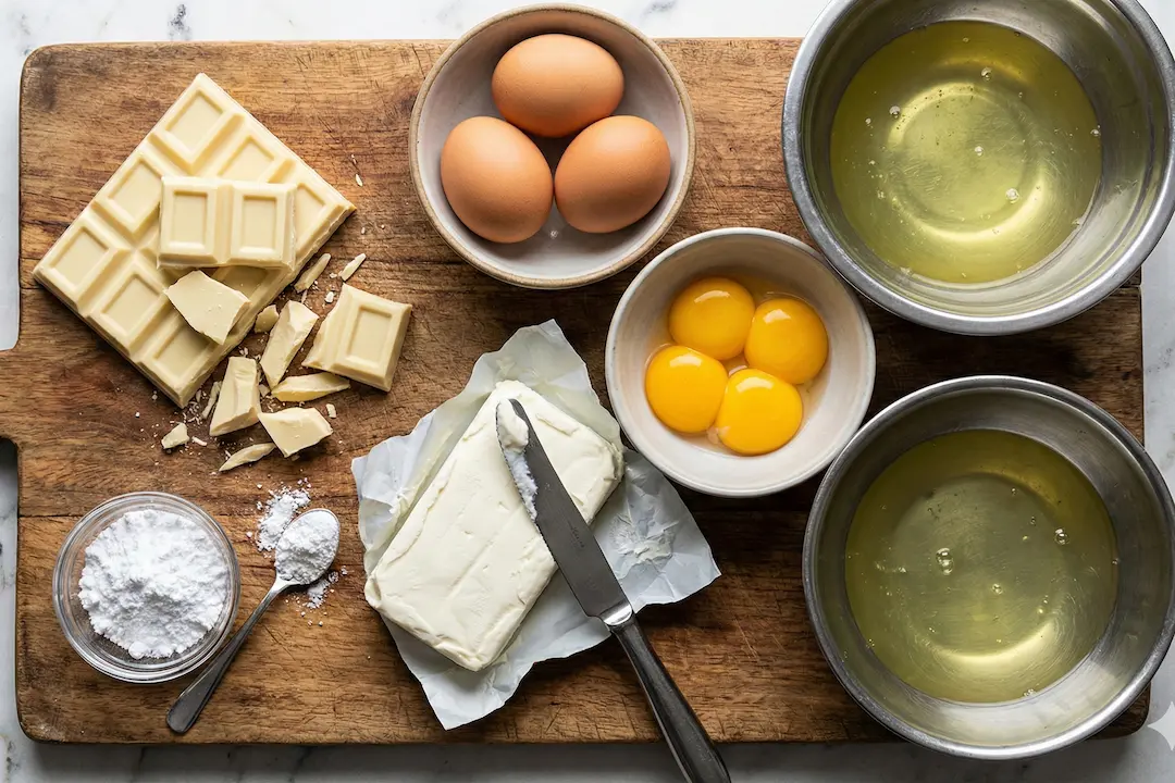 Ingredients-Gateau-Nuage-Japonais-3-Ingredients Ingrédients pour Le Gâteau Nuage Japonais sur une planche en bois : chocolat blanc, fromage frais et œufs.
