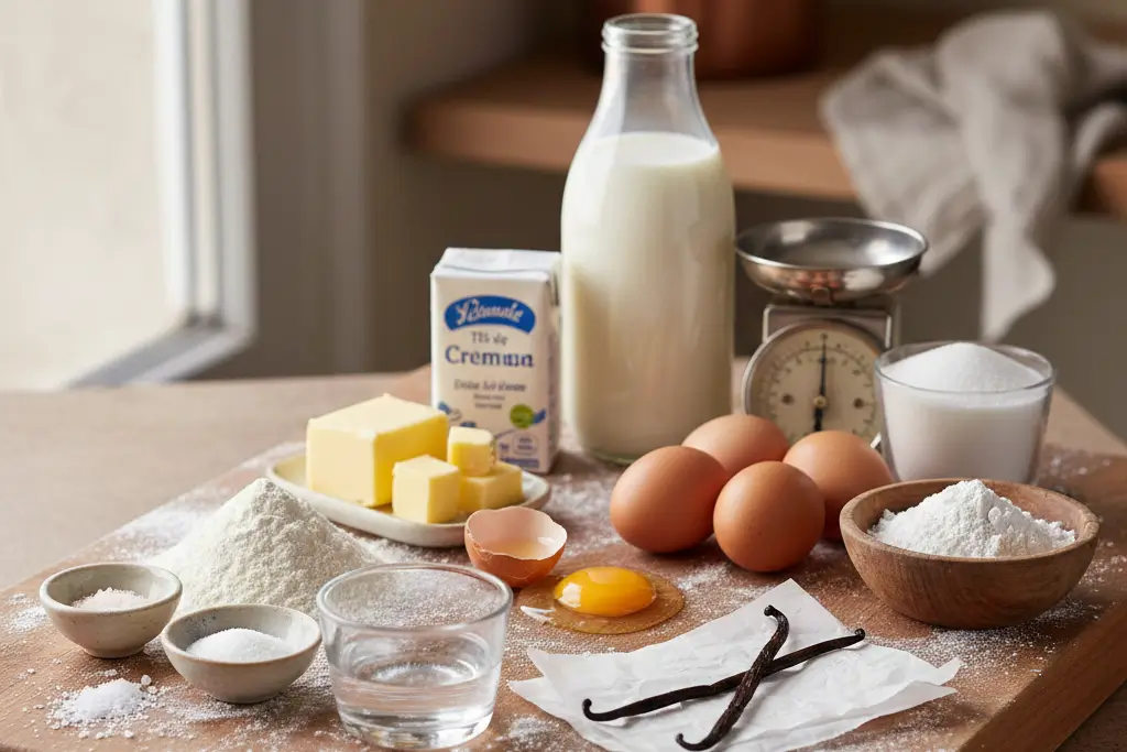 Ingrédients pour flan du boulanger disposés sur une planche : lait, œufs, farine, beurre, maïzena et gousses de vanille.