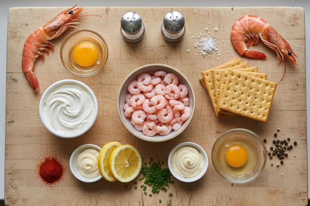 ingredients-tiramisu-crevettes-roses-planche Vue de dessus des ingrédients frais pour la recette du Tiramisu aux Crevettes Roses sur une planche en bois : crevettes, mascarpone, œufs et biscuits.