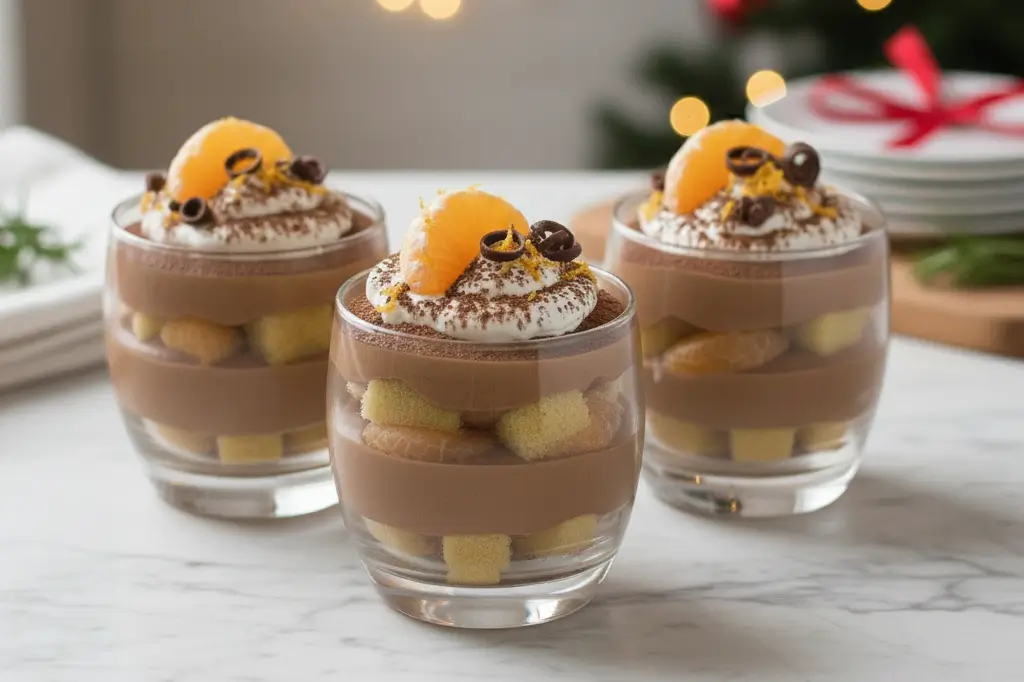 La Magie de Noël : Tiramisu Chocolat-Clémentine en Verrines Trois verrines de Tiramisu de Noël au Chocolat et Clémentine décorées pour les fêtes, saupoudrées de cacao, et garnies de crème blanche, d'un quartier de clémentine et/ou de zeste.