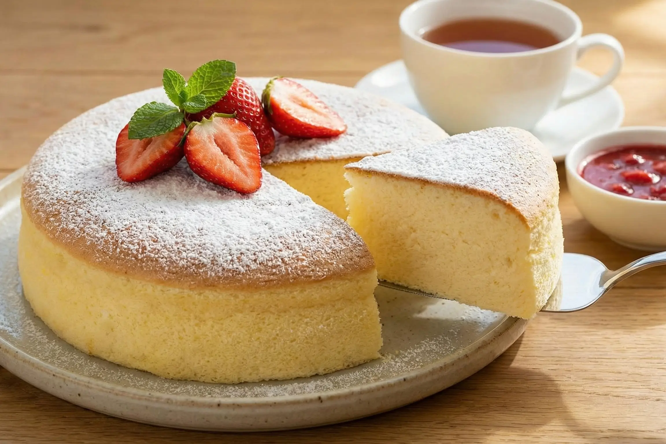 Gateau-Nuage-Japonais-Entier-Dore Le Gâteau Nuage Japonais entier, doré et saupoudré de sucre glace sur un plat de service.