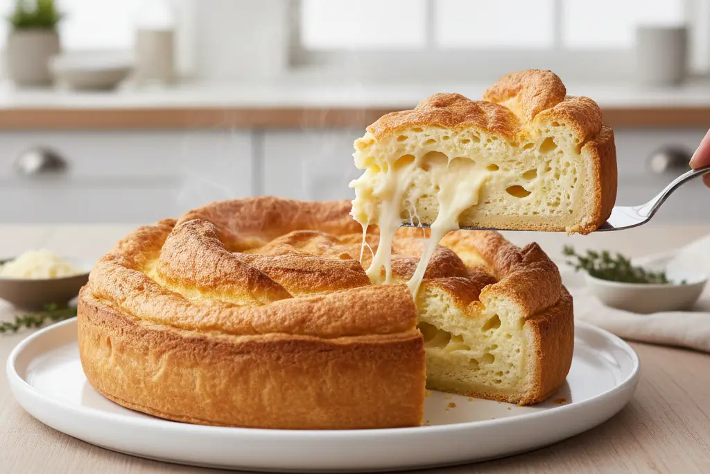 resultat-final-quiche-soufflee-au-fromage Quiche Soufflée au Fromage dorée et gonflée sortant du four, servie sur une table.