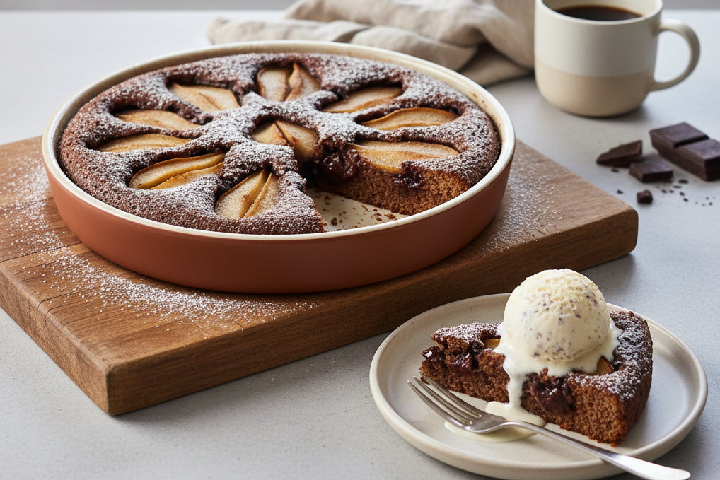 Part de clafoutis poire chocolat servie sur une assiette