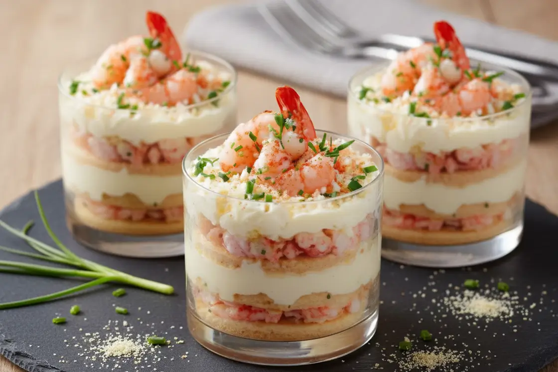 verrine-tiramisu-crevettes-roses-gros-plan Gros plan sur une verrine de Tiramisu aux Crevettes Roses montrant les couches superposées de biscuits, crème et crevettes.