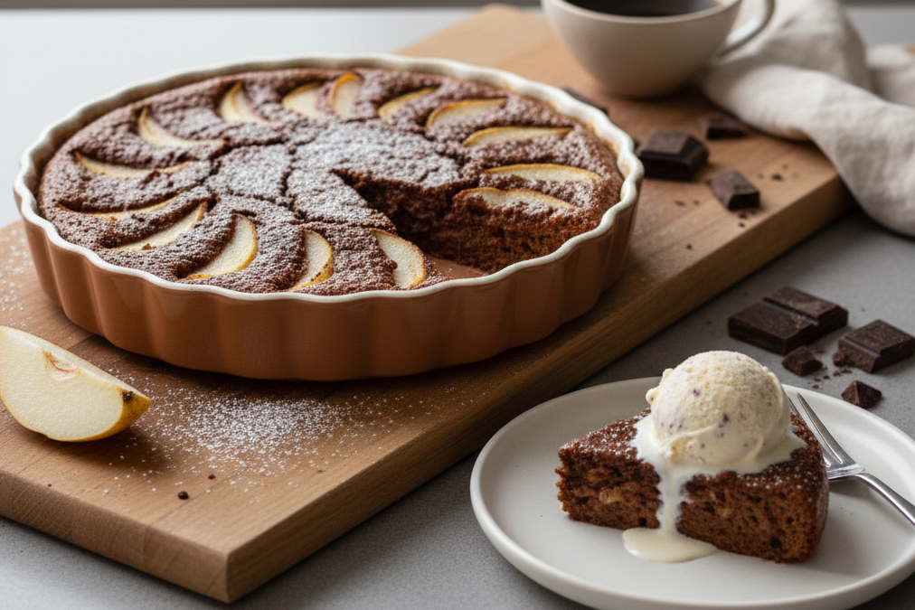 Part de clafoutis poire chocolat servie sur une assiette