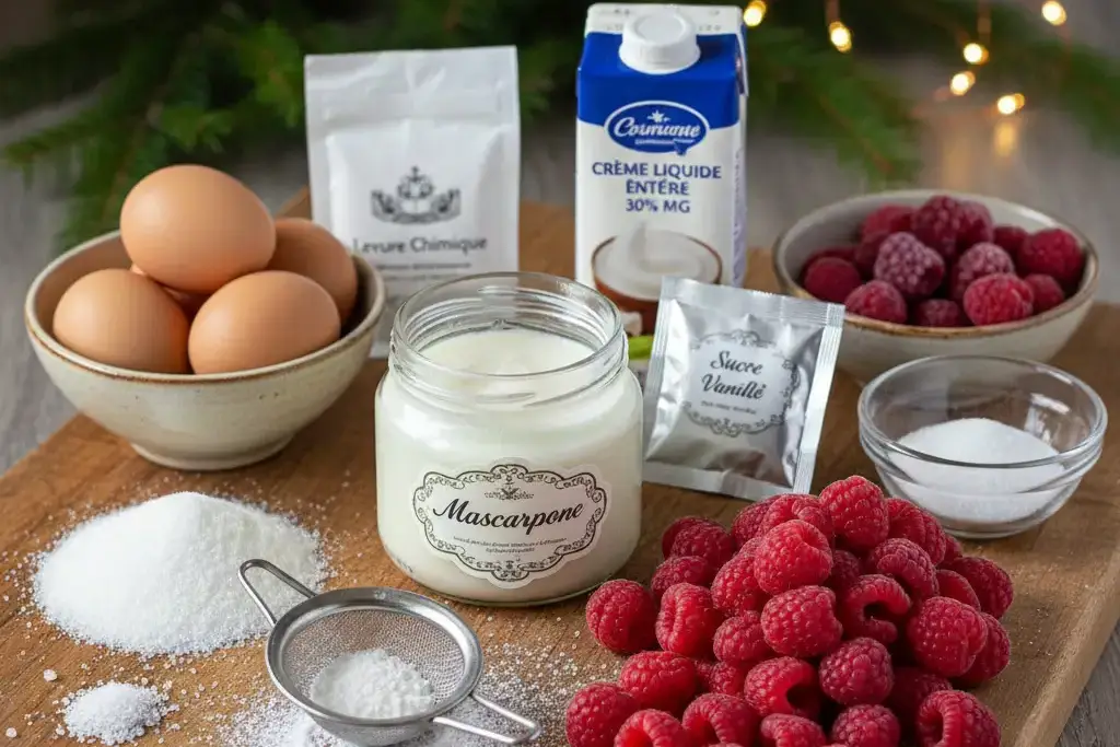 Ingrédients disposés sur un plan de travail : framboises rouges, crème, sucre et œufs.