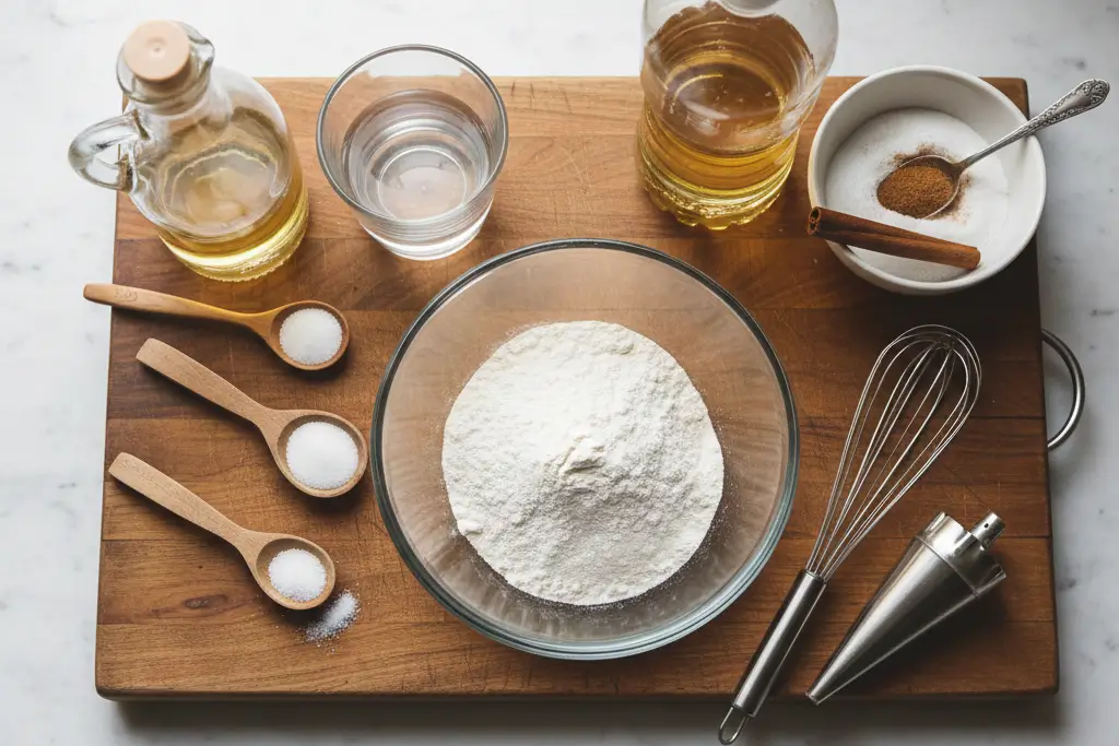 ingredients-churros-maison-planche Ingrédients pour churros maison : farine, eau, huile, sucre et cannelle sur une planche en bois.