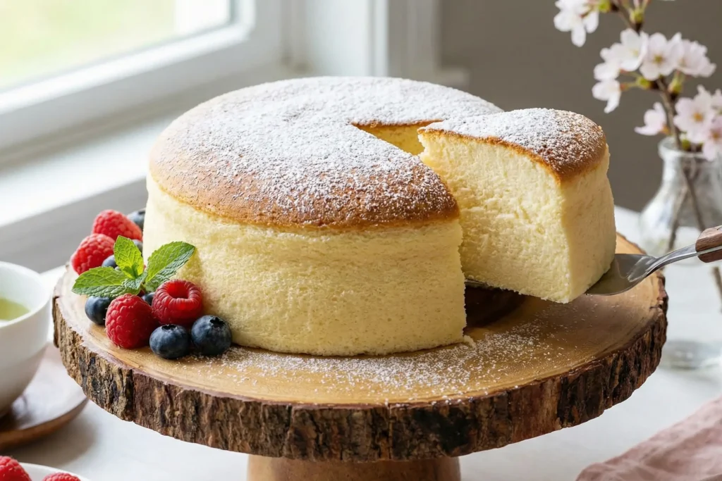 Le Gâteau Nuage Japonais entier, doré et saupoudré de sucre glace sur un plat de service.