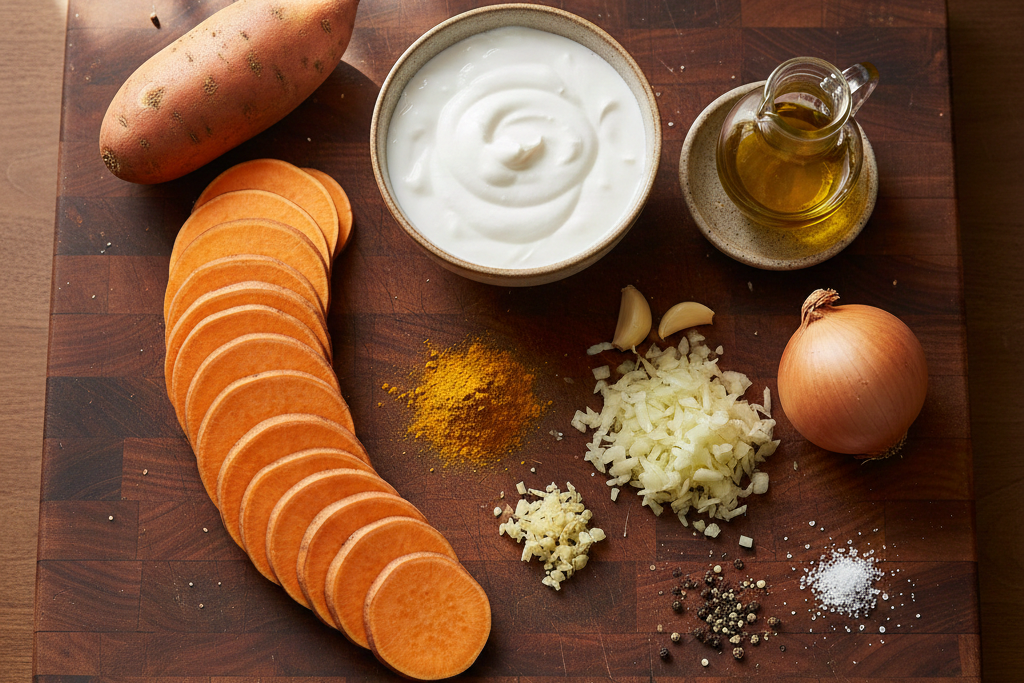 Ingrédients pour gratin de patates douces sur planche en bois : patates, crème de coco, oignon, ail et curry.