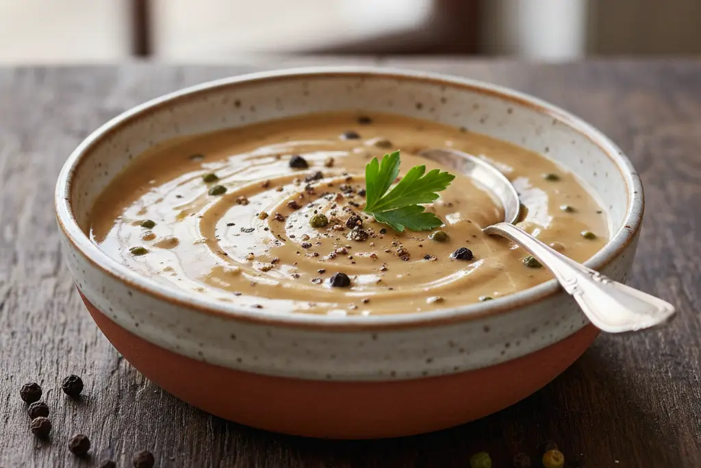 Présentation finale d'une sauce au poivre maison onctueuse et crémeuse servie dans un petit bol blanc.