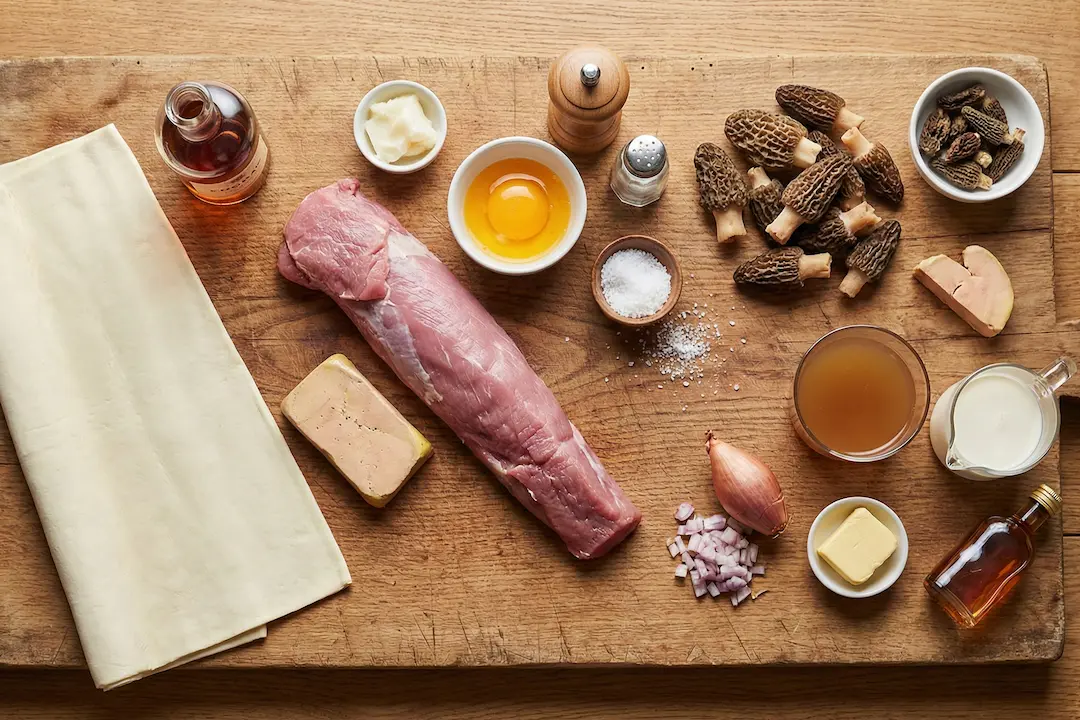 ingredients-filet-mignon-croute-foie-gras-morilles Ingrédients frais pour la recette de Filet Mignon en Croûte au Foie Gras posés sur une planche en bois.