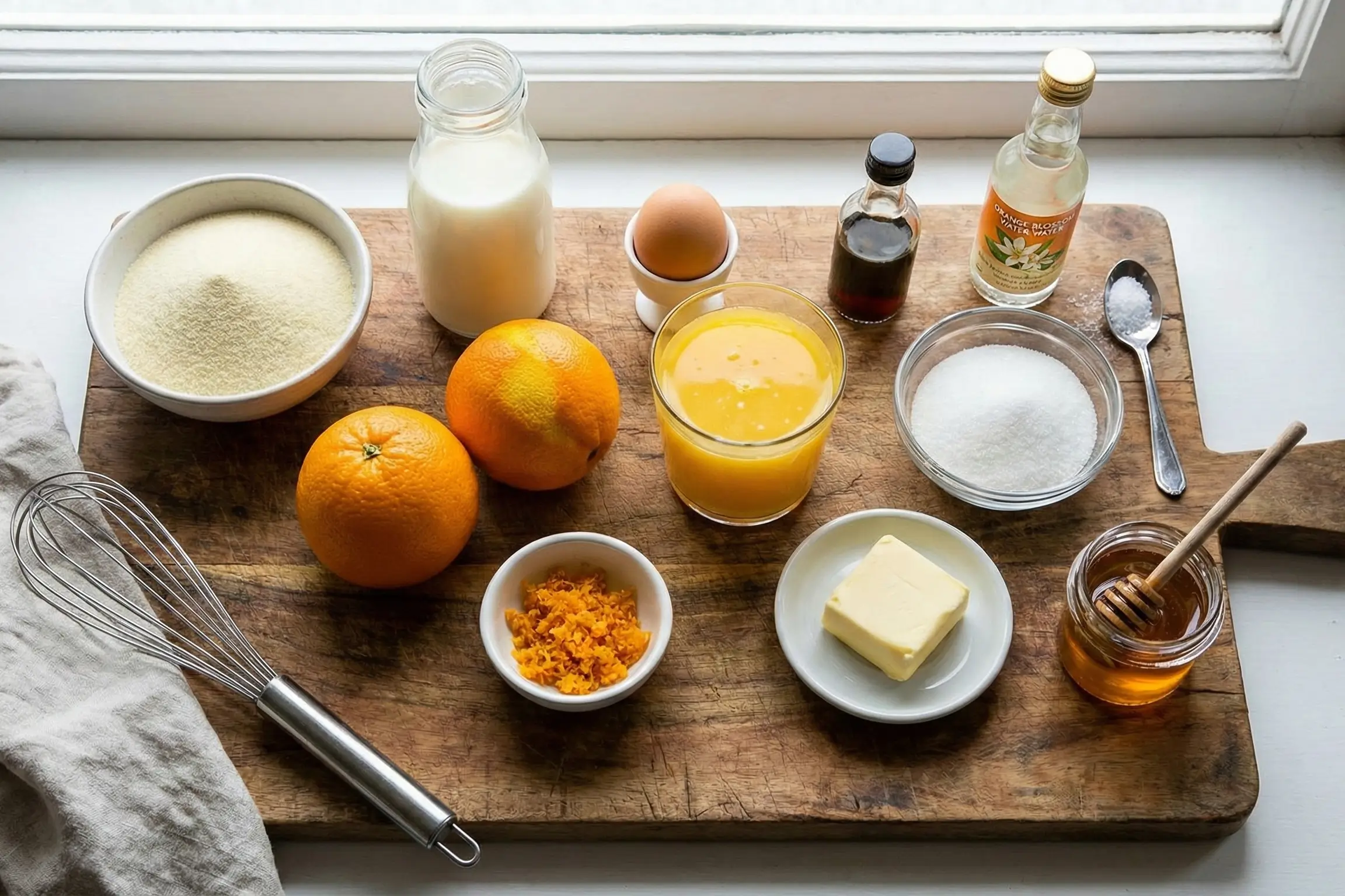 Ingrédients Essentiels pour le Gâteau de Semoule à l’Orange Vue de dessus des ingrédients frais pour le gâteau de semoule à l'orange disposés sur une planche en bois, incluant semoule fine, lait, oranges bio, œuf et miel. Title : Ingrédients Essentiels pour le Gâteau de Semoule à l’Orange