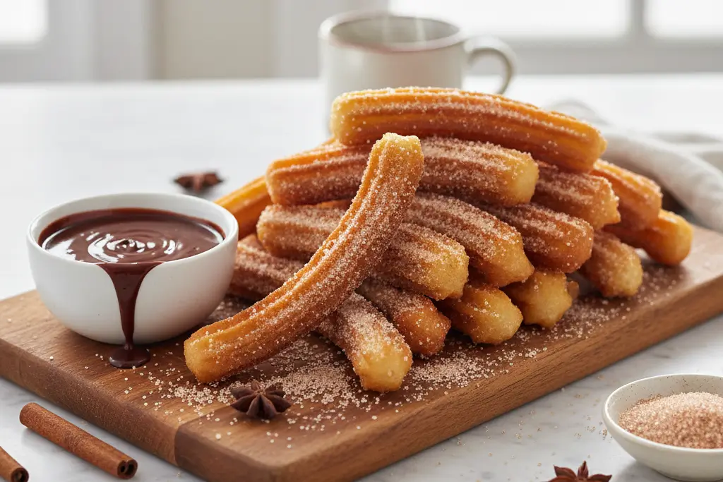 resultat-final-churros-maison-sucre-cannelle Assiette de churros maison croustillants saupoudrés de sucre et cannelle avec sauce chocolat.