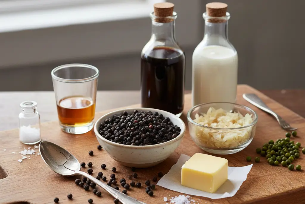 Ingrédients frais sur une planche en bois pour préparer une sauce au poivre maison : poivre noir, crème, beurre, échalote et cognac.