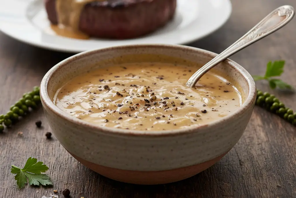 Présentation finale d'une sauce au poivre maison onctueuse et crémeuse servie dans un petit bol blanc.