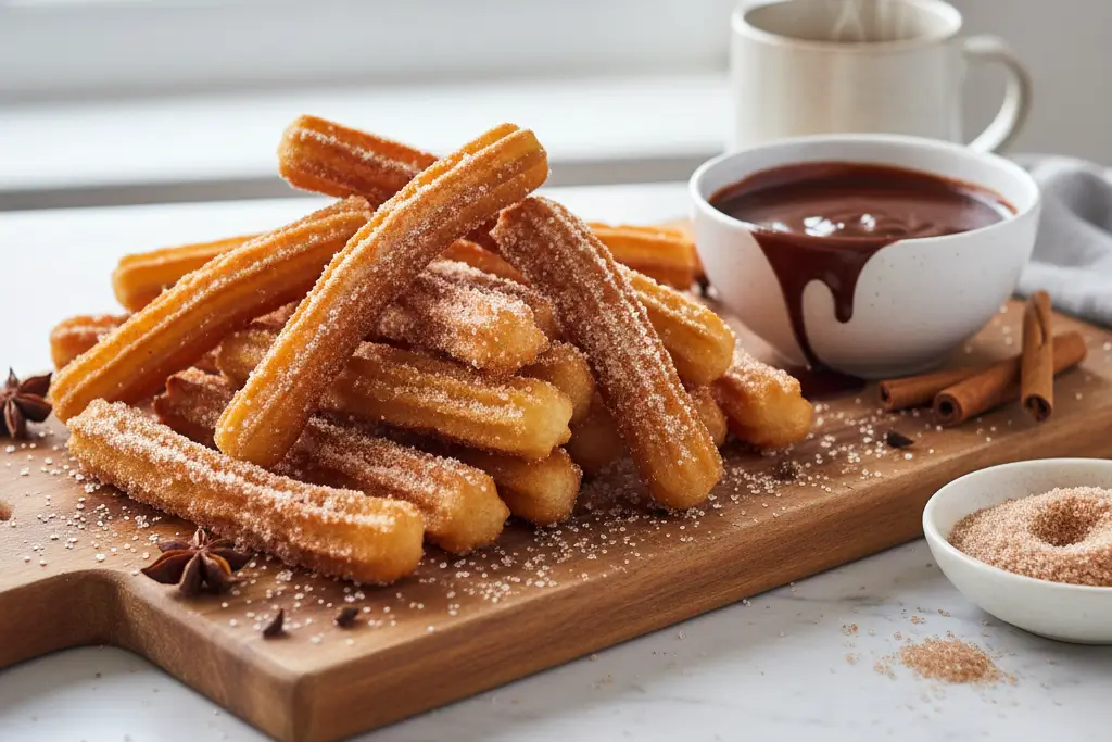 Assiette de churros maison croustillants saupoudrés de sucre et cannelle avec sauce chocolat.