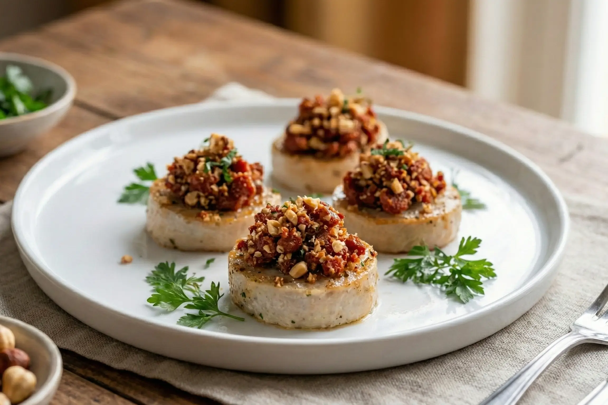Médaillons de Boudin Blanc avec Crumble Chorizo et Noisettes