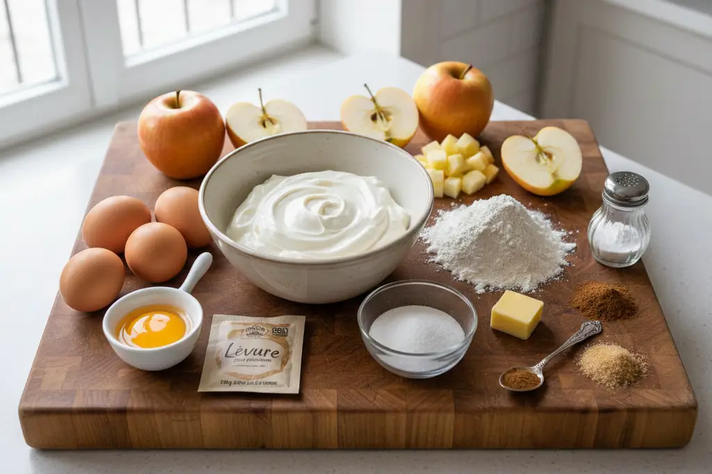 Les ingrédients clés du Gâteau Pommes Mascarpone Ingrédients Gâteau Pommes Caramélisées Mascarpone sur planche de bois