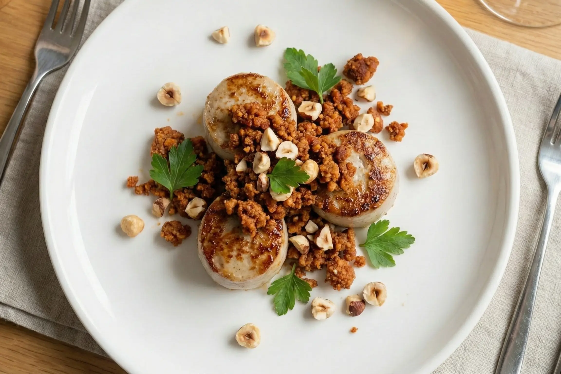 Presentation-Festive-Medaillons-Boudin-Blanc-Noel Présentation festive et élégante de bouchées de boudin blanc au crumble chorizo pour un apéritif de Noël ou une entrée.