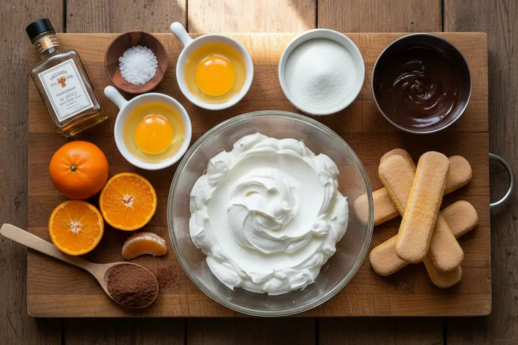 Les Délices de Noël : Ingrédients pour un Tiramisu Gourmand Gros plan sur tous les ingrédients pour un Tiramisu de Noël au chocolat et clémentine : œufs, sucre, mascarpone, chocolat noir, biscuits à la cuillère, clémentines fraîches, et cacao en poudre.