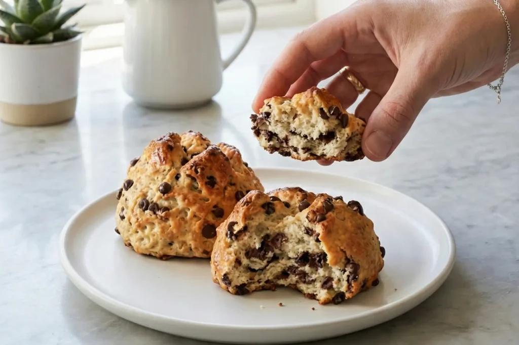 Brioche Minute Healthy ouverte en deux montrant une mie moelleuse et des pépites de chocolat fondantes dans une main.