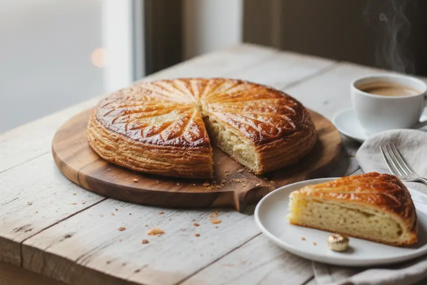 Une Galette des Rois à la Frangipane entière, bien gonflée et brillante, posée sur une table élégante avec une part coupée révélant la garniture.