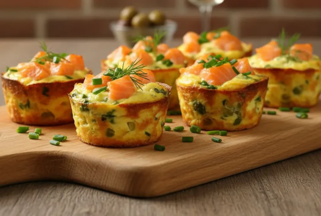 Présentation finale des Mini Quiches aux Poireaux & Saumon Fumé saupoudrées de ciboulette fraîche sur une assiette élégante.
