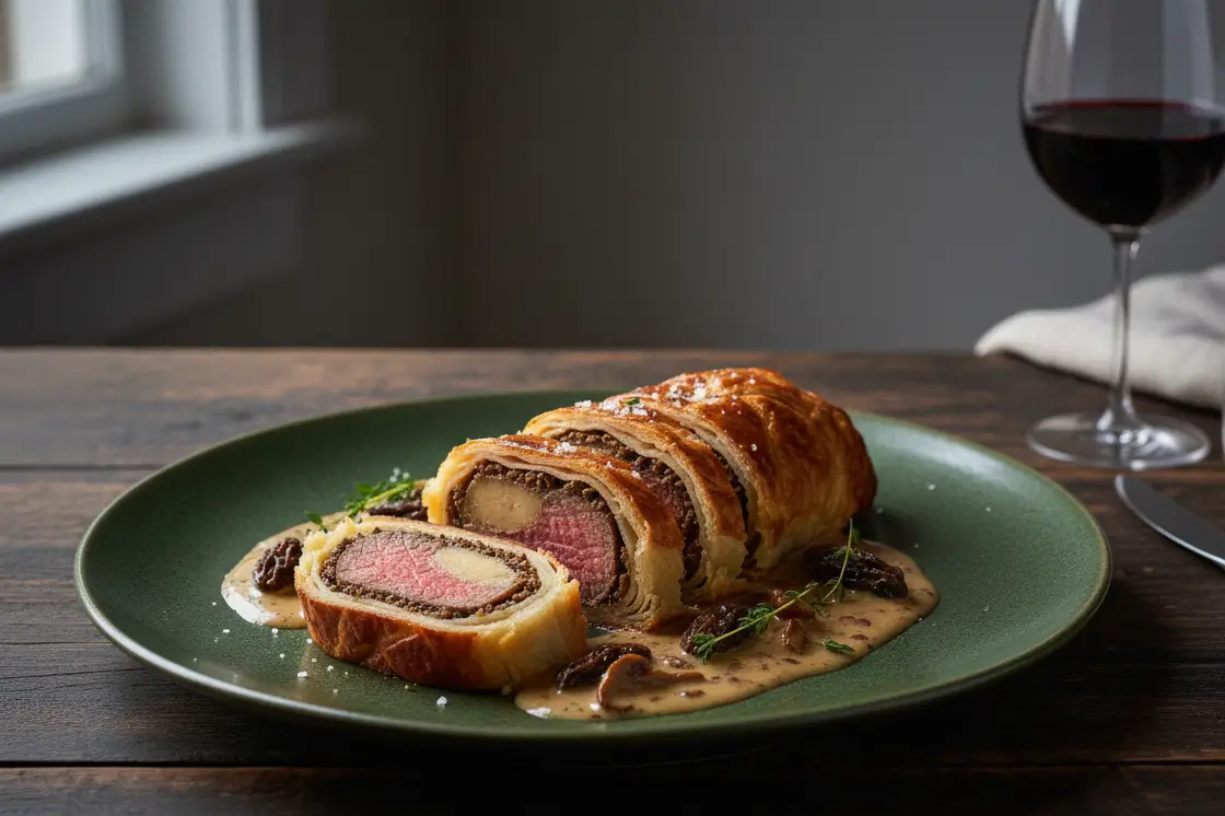 tranches-filet-mignon-croute-foie-gras-coupe Tranches de Filet Mignon en Croûte au Foie Gras cuisson rosée avec sauce aux morilles crémeuse.