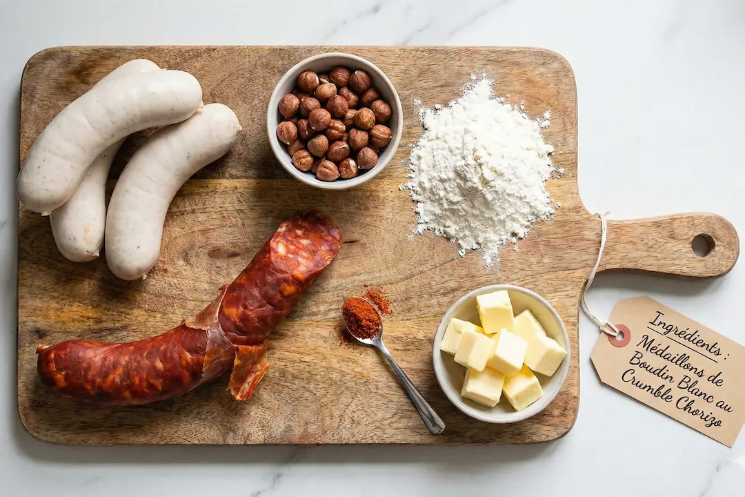 Ingredients-Recette-Medaillons-Boudin-Blanc-Crumble-Chorizo Ingrédients pour la recette de médaillons de boudin blanc : boudins frais, chorizo, noisettes, farine et beurre sur une planche en bois.