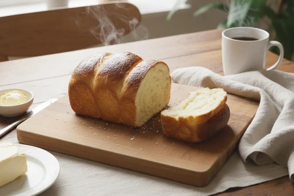 Suggestion de présentation pour le petit-déjeuner Tranche de Pain Brioché au Yaourt : La Recette Ultra Moelleuse et Inratable sur une assiette, accompagnée d'un café, de confiture et d'un couteau, sur une table en bois ensoleillée.