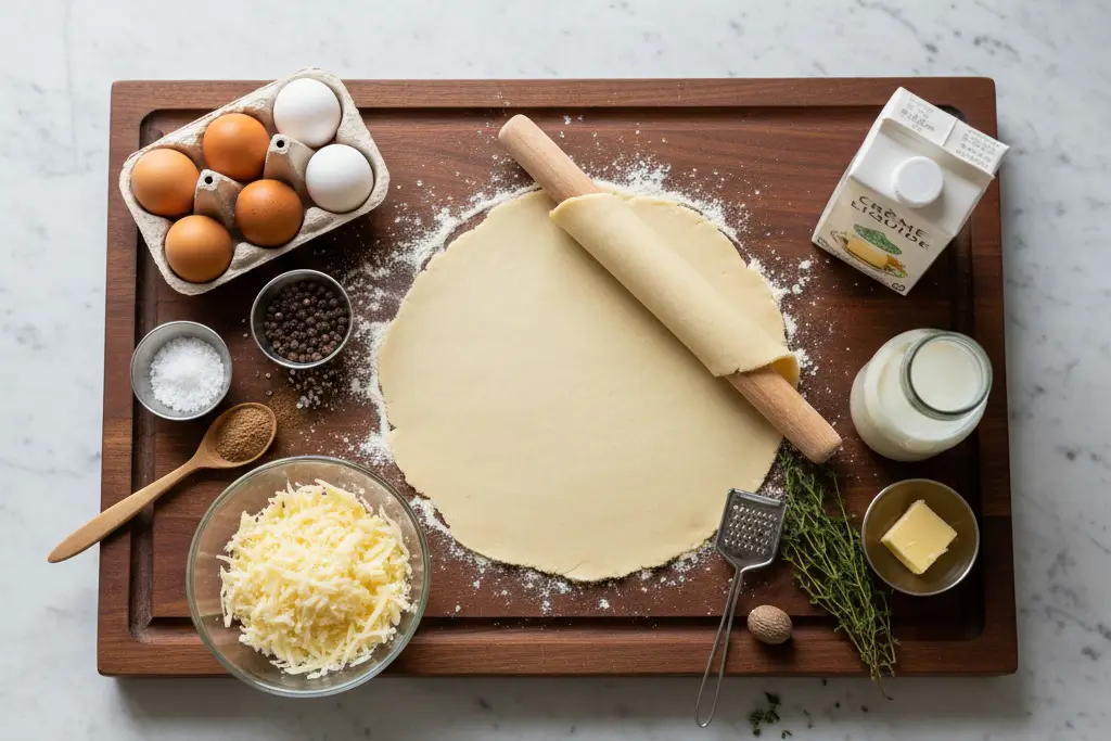 ingredients-quiche-soufflee-fromage Ingrédients frais sur une planche en bois pour préparer une Quiche Soufflée au Fromage maison.