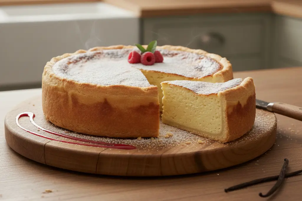 Une part de flan du boulanger haute et crémeuse présentée sur une assiette avec une gousse de vanille en décoration.