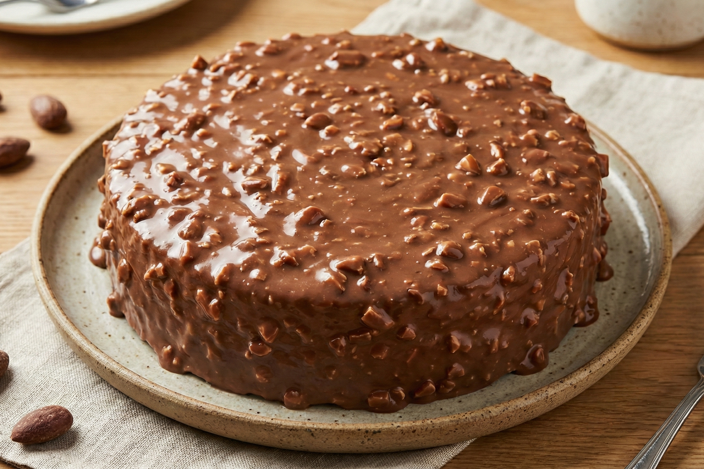 Résultat final du Cake Glaçage Rocher entier, présentant une coque brillante, uniforme et constellée d'éclats d'amandes croquantes.