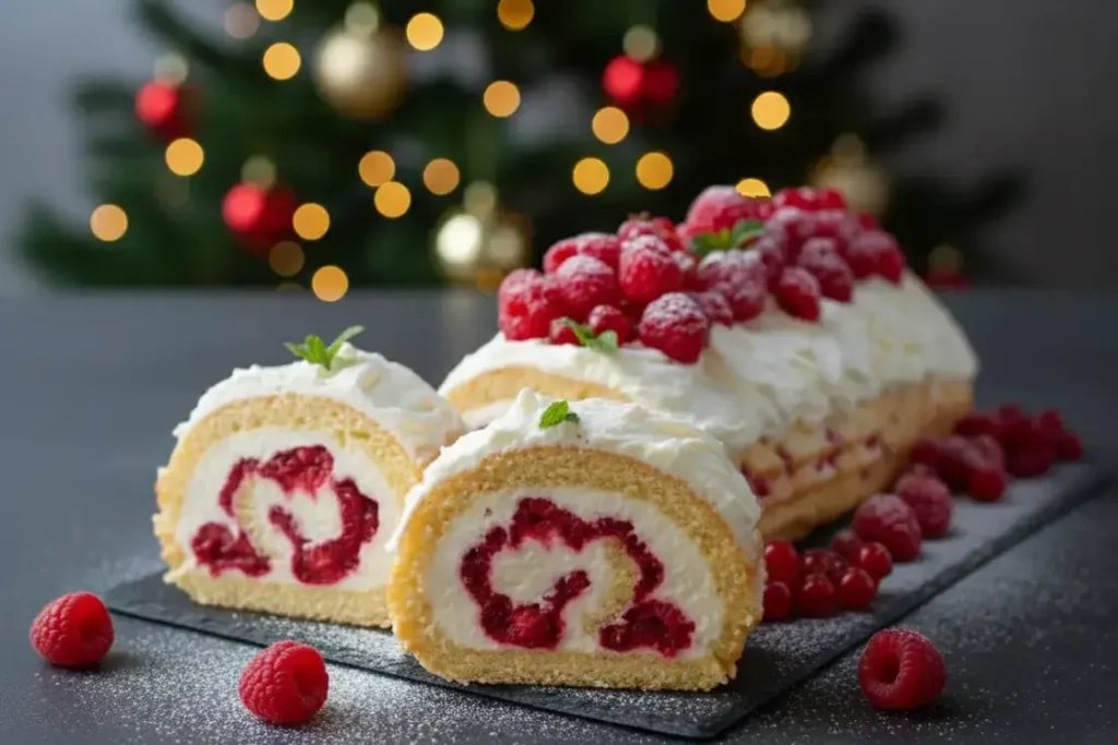 Bûche de Noël mascarpone & framboise blanche décorée de framboises rouges sur un plateau noir moderne, saupoudrée de sucre glace.