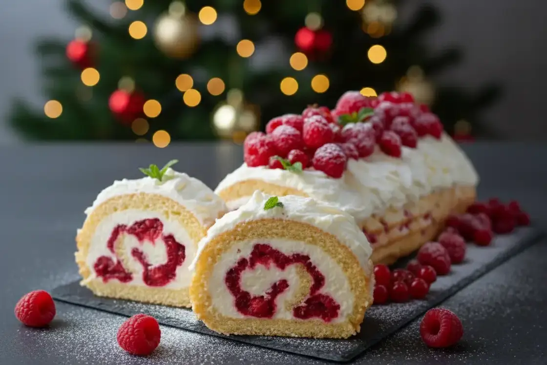 Bûche de Noël mascarpone & framboise blanche décorée de framboises rouges sur un plateau noir moderne, saupoudrée de sucre glace.
