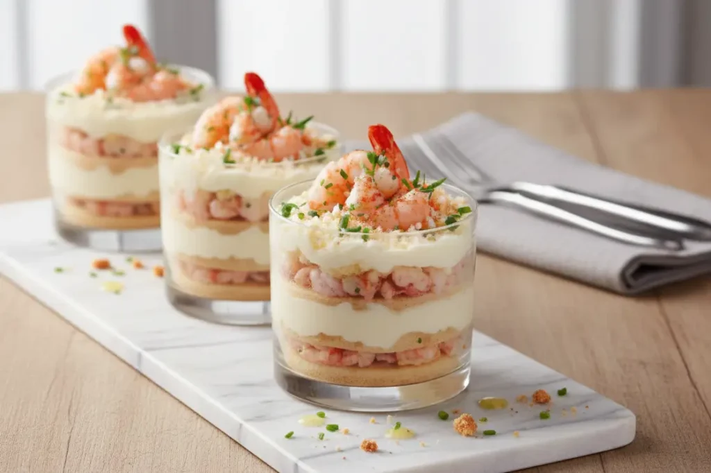 Gros plan sur une verrine de Tiramisu aux Crevettes Roses montrant les couches superposées de biscuits, crème et crevettes.