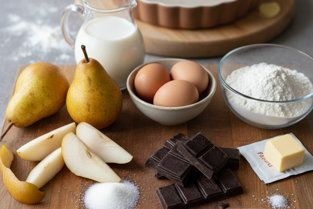 Ingrédients pour clafoutis aux poires et au chocolat sur planche en bois