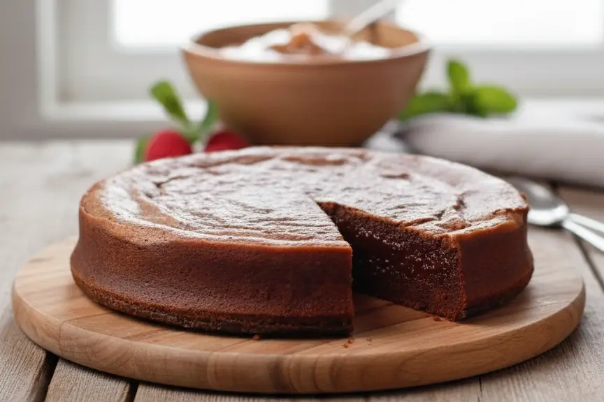 Le véritable Fondant Baulois entier avec sa croûte meringuée fine et craquelée caractéristique sur le dessus.