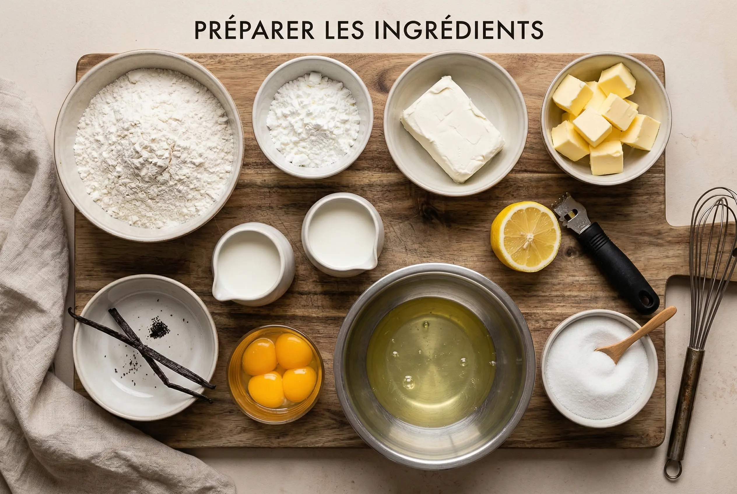 Ingrédients Gâteau Nuage Japonais Ingrédients du Gâteau Nuage Japonais disposés sur une planche en bois