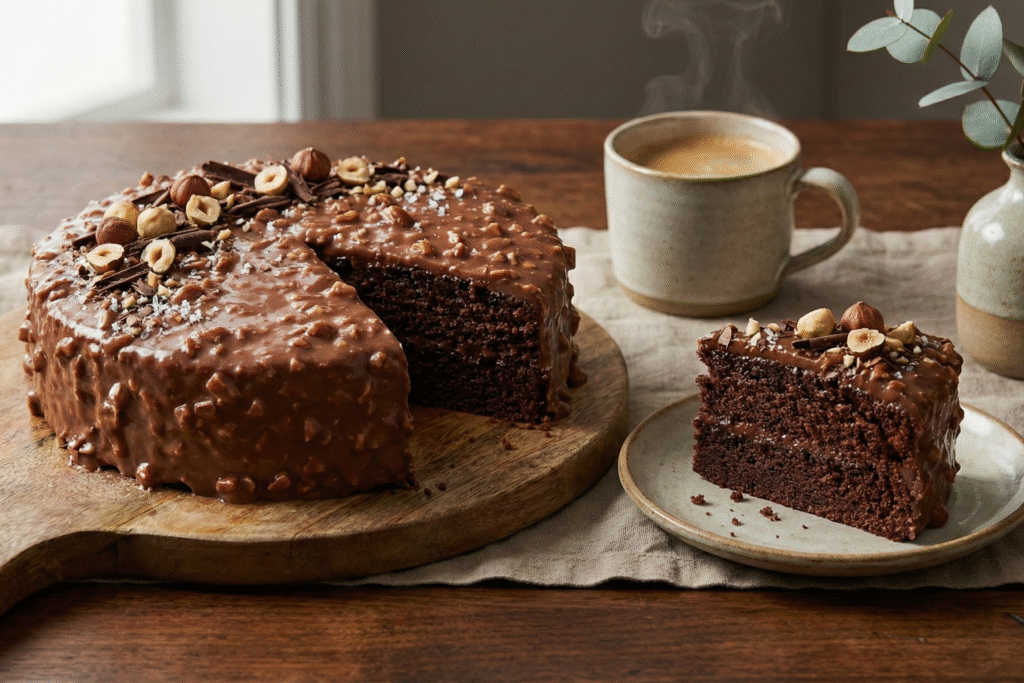 Résultat final du Cake Glaçage Rocher entier, présentant une coque brillante, uniforme et constellée d'éclats d'amandes croquantes.