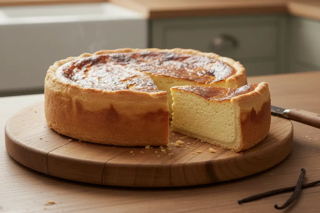 Une part de flan du boulanger haute et crémeuse présentée sur une assiette avec une gousse de vanille en décoration.
