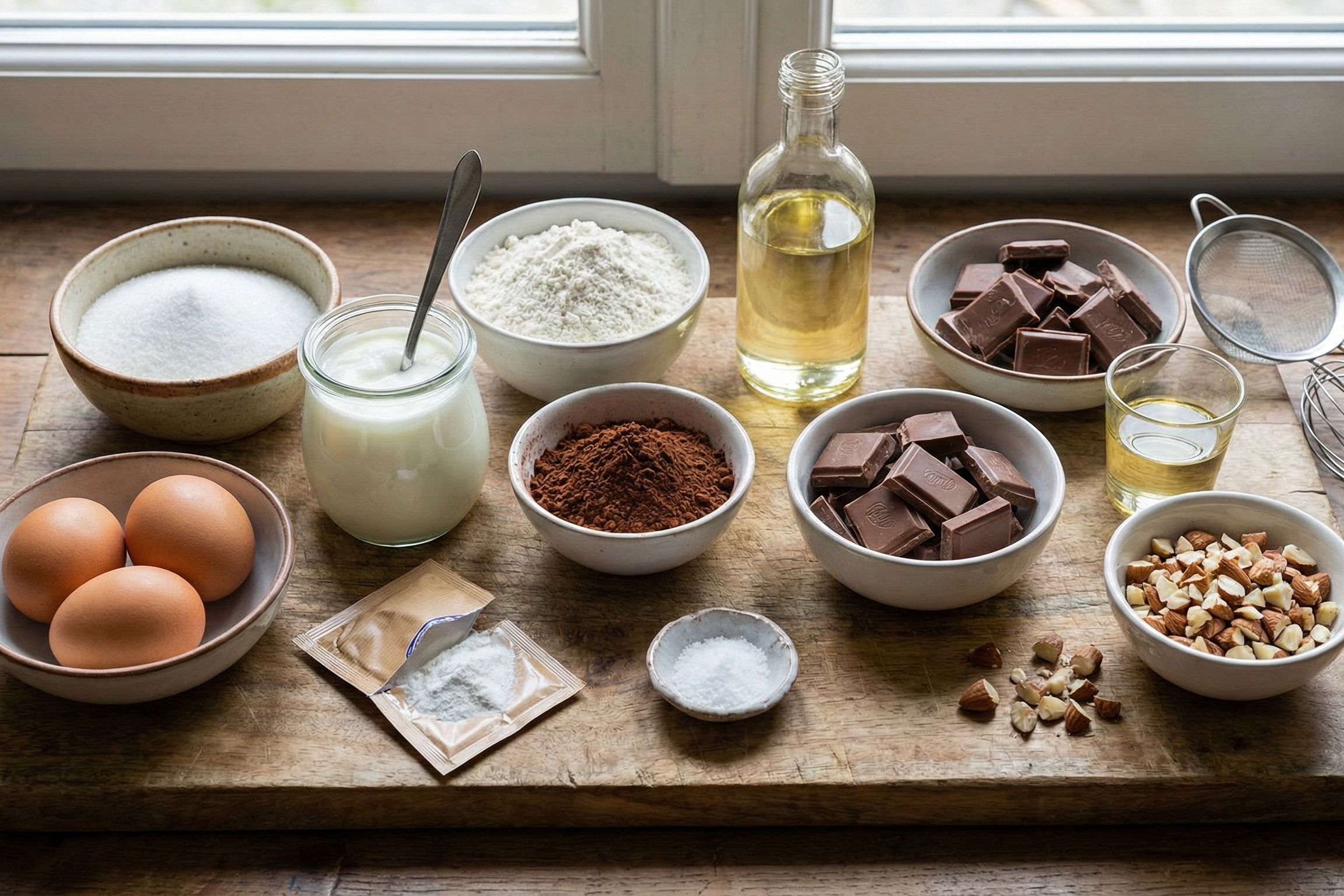 Vue d'ensemble des ingrédients nécessaires pour la recette du Cake Glaçage Rocher, incluant le chocolat, les œufs, la farine et les amandes.