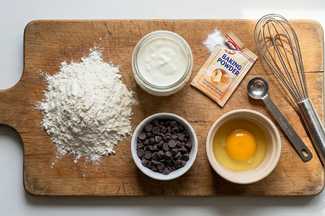ingredients-brioche-minute-healthy-sans-beurre Ingrédients pour brioche healthy sans beurre : farine, fromage blanc, levure, pépites de chocolat et œuf sur une planche en bois.