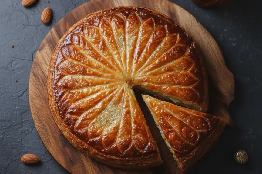 Une galette des rois entière, bien gonflée et brillante, posée sur une table élégante avec une part coupée révélant la garniture.