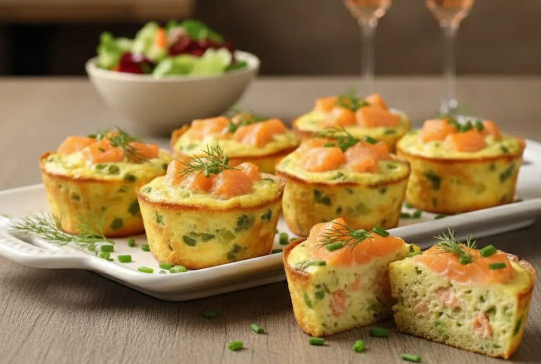 Mini Quiches aux Poireaux & Saumon Fumé : Prêtes à Déguster Présentation finale des Mini Quiches aux Poireaux & Saumon Fumé saupoudrées de ciboulette fraîche sur une assiette élégante.