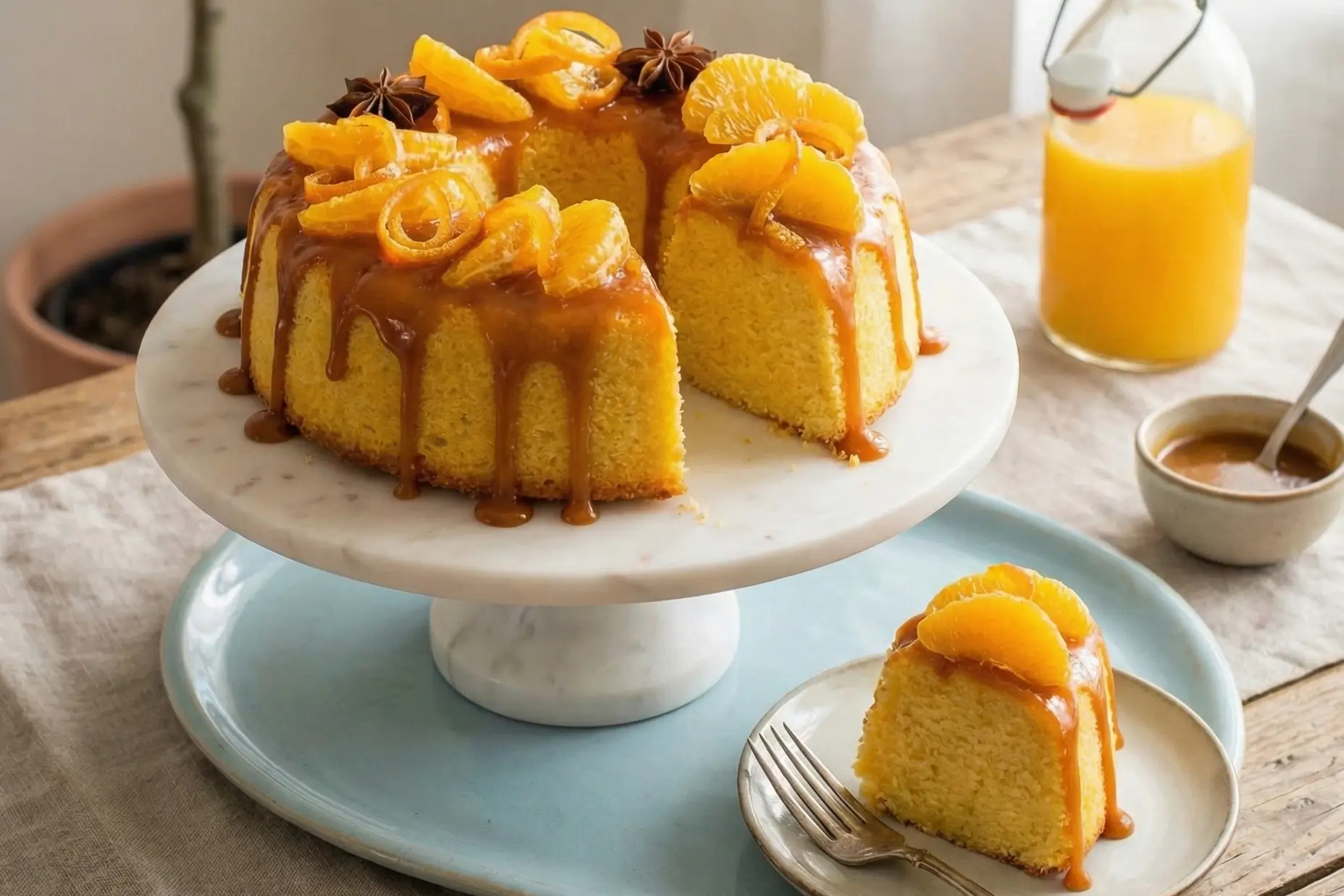 Le Gâteau de Semoule à l’Orange Entier et Imbibé Gâteau de semoule à l'orange entier, en forme de couronne, nappé de sirop brillant et décoré de tranches d'orange fraîches et de menthe sur un plat de service blanc près d'une fenêtre.