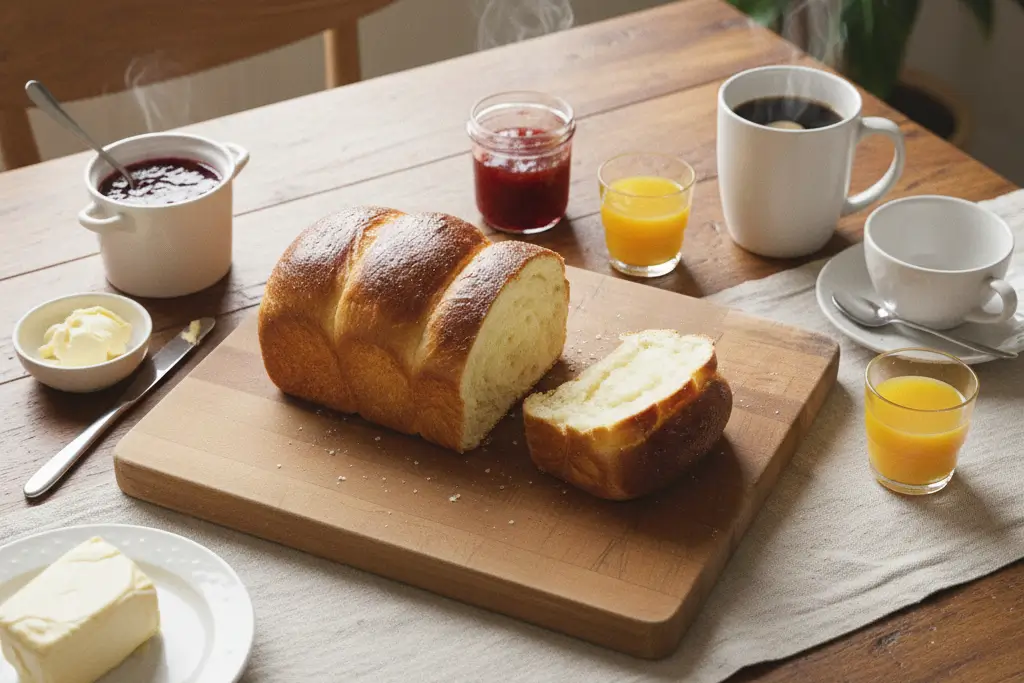 Tranche Pain Brioché au Yaourt sur une assiette, accompagnée d'un café, de confiture et d'un couteau, sur une table en bois ensoleillée.