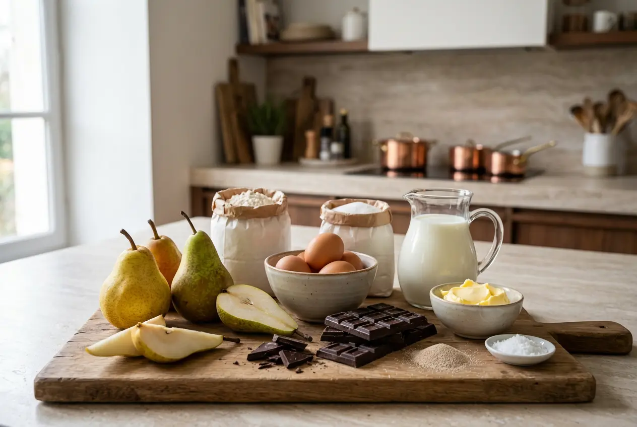 Ingrédients pour le clafoutis poires-chocolat disposés sur un plan de travail en bois.